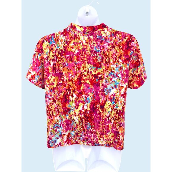 MODERN ESSENTIALS COLORFUL RUFFLED BUTTON FRONT SHORT SLEEVE TOP - PXL - Picture 3 of 4